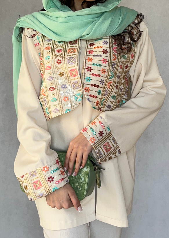 کت کتان زنانه سوزندوزی مدل جلیقه دار